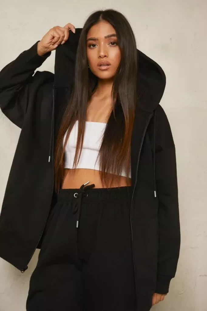 POF LUXURY FASHION WEARS - BLACK PETITE RECYCLED OVERSIZED ZIP THROUGH HOODIE
