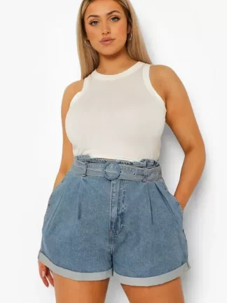 POF LUXURY FASHION WEARS - PLUS BELTED PAPER BAG DENIM SHORTS