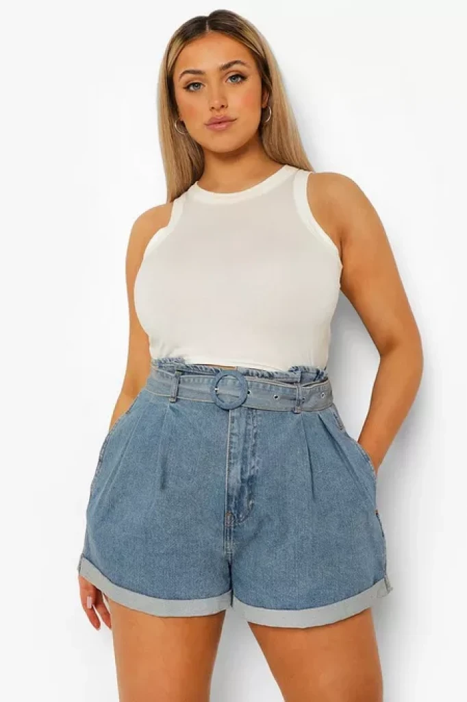 POF LUXURY FASHION WEARS - PLUS BELTED PAPER BAG DENIM SHORTS