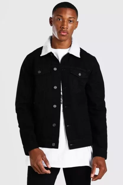 POF LUXURY FASHION WEARS - REGULAR DENIM JACKET WITH WHITE BORG COLLAR